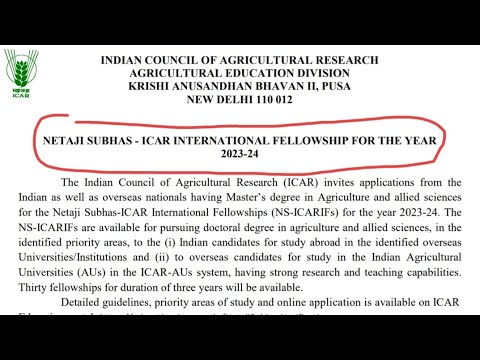 Netaji Subhas-ICAR International Fellowships 2023-24: Opportunities in Agricultural Sciences